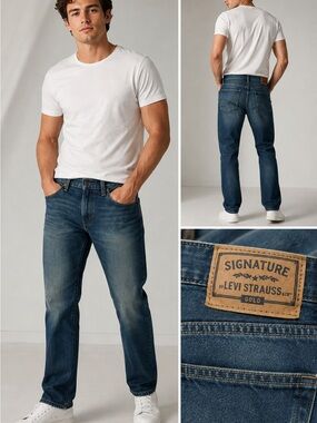 Signature by Levi Strauss Men’s Straight Jeans in Blue with Tan Patch